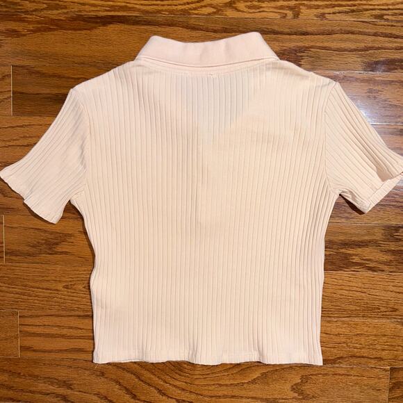 Zara Light Pink Collared Ribbed Cropped Baby Polo Top Size Large - Picture 8 of 10